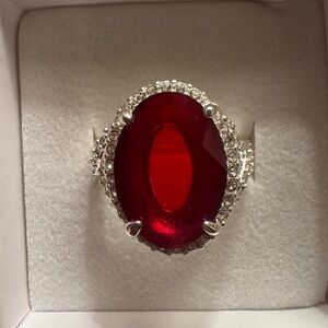 Elegant Silver and Red Gemstone Ring Costume Size 8